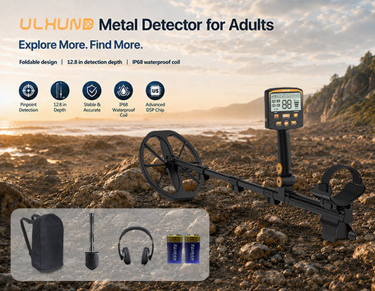 ULHUND PRO300 new foldable waterproof metal detector with 11-inch coil, headphones, and shovel – complete treasure hunting kit on outdoor background