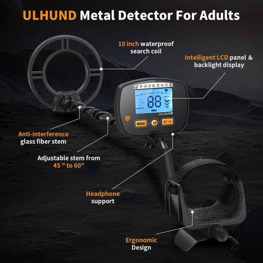 ULHUND 1701 metal detector for adults – 10" waterproof coil, LCD backlight, adjustable stem 45-60", ergonomic design