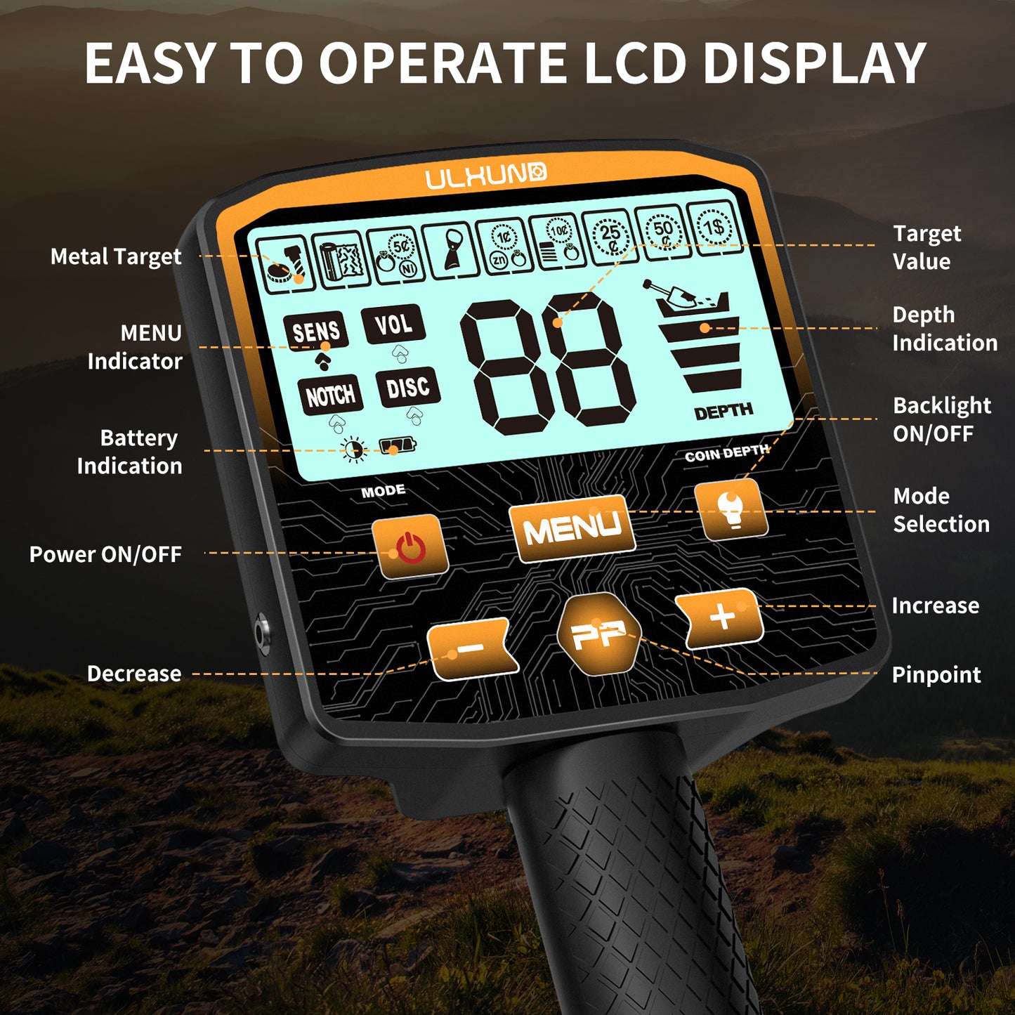 ULHUND Foldable Waterproof Metal Detector for Adults – 11" IP68 Coil, 12.8" Depth, 4 Modes