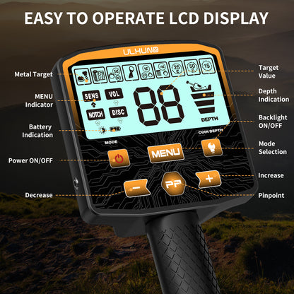 ULHUND Foldable Waterproof Metal Detector for Adults – 11" IP68 Coil, 12.8" Depth, 4 Modes