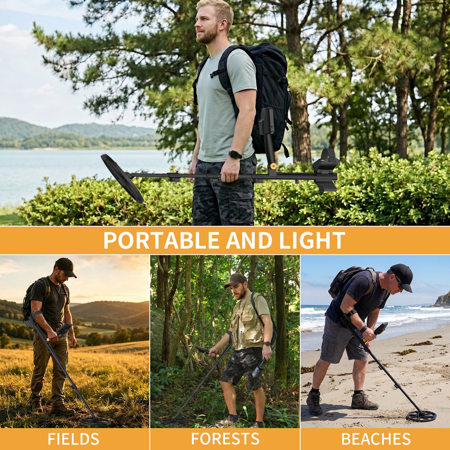 ULHUND Foldable Waterproof Metal Detector for Adults – 11" IP68 Coil, 12.8" Depth, 4 Modes