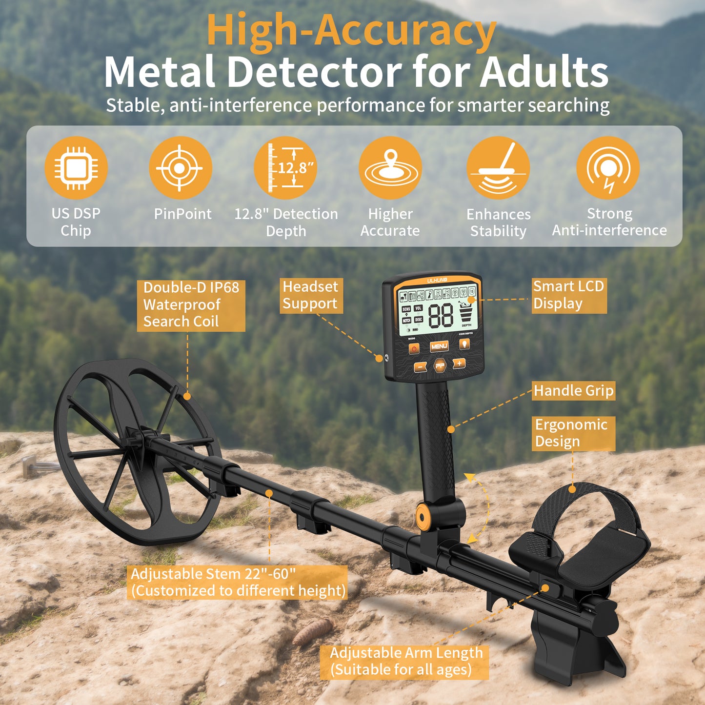 ULHUND Foldable Waterproof Metal Detector for Adults – 11" IP68 Coil, 12.8" Depth, 4 Modes