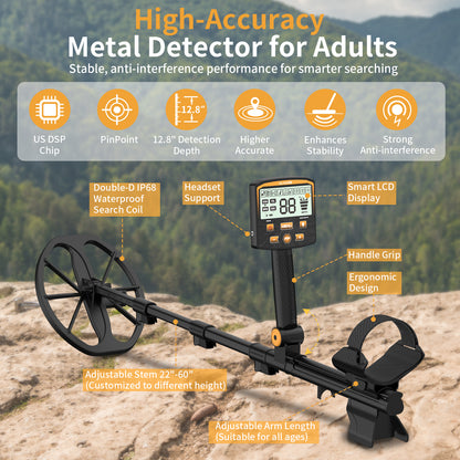 ULHUND Foldable Waterproof Metal Detector for Adults – 11" IP68 Coil, 12.8" Depth, 4 Modes