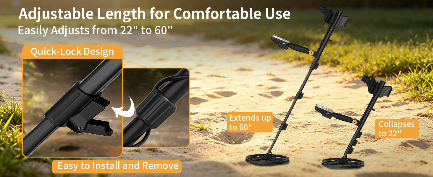 ULHUND PRO300 metal detector with adjustable length – extends up to 60 inches, collapses down to 22 inches, quick-lock design for easy installation and removal