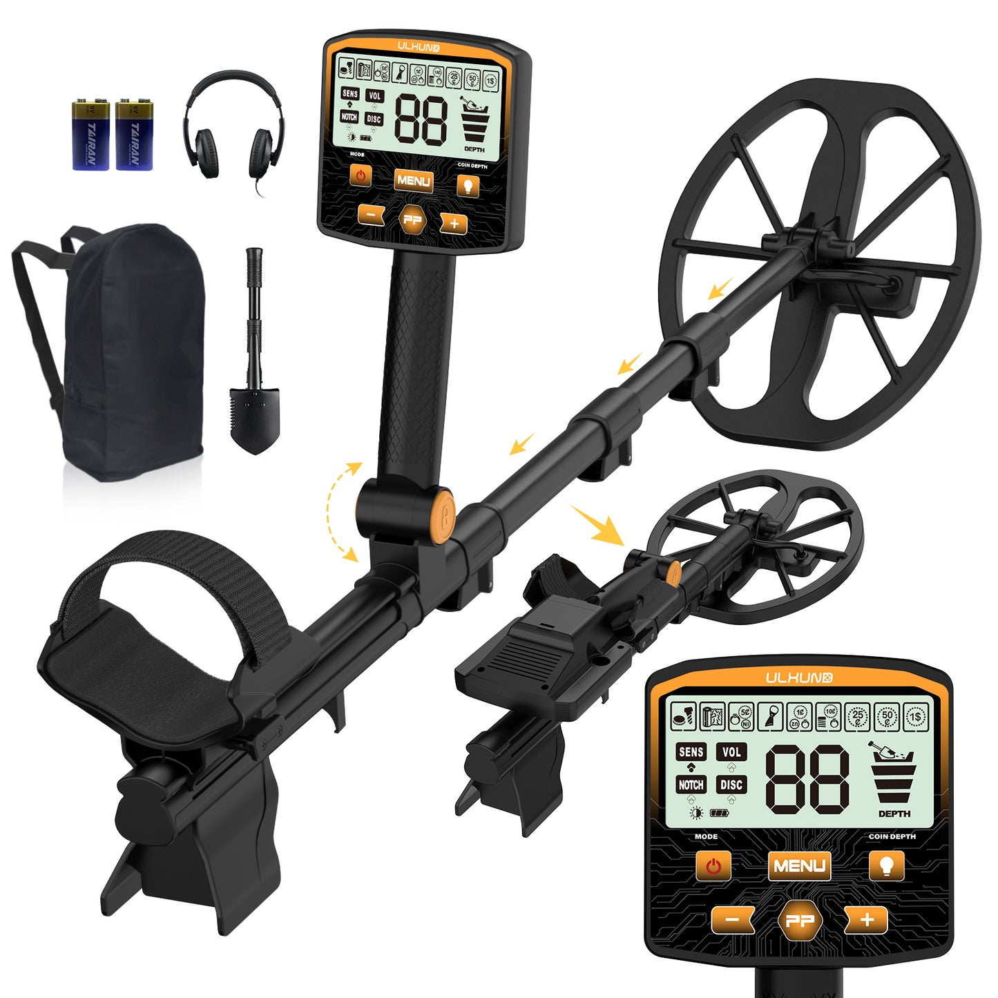 ULHUND Foldable Waterproof Metal Detector for Adults – 11" IP68 Coil, 12.8" Depth, 4 Modes